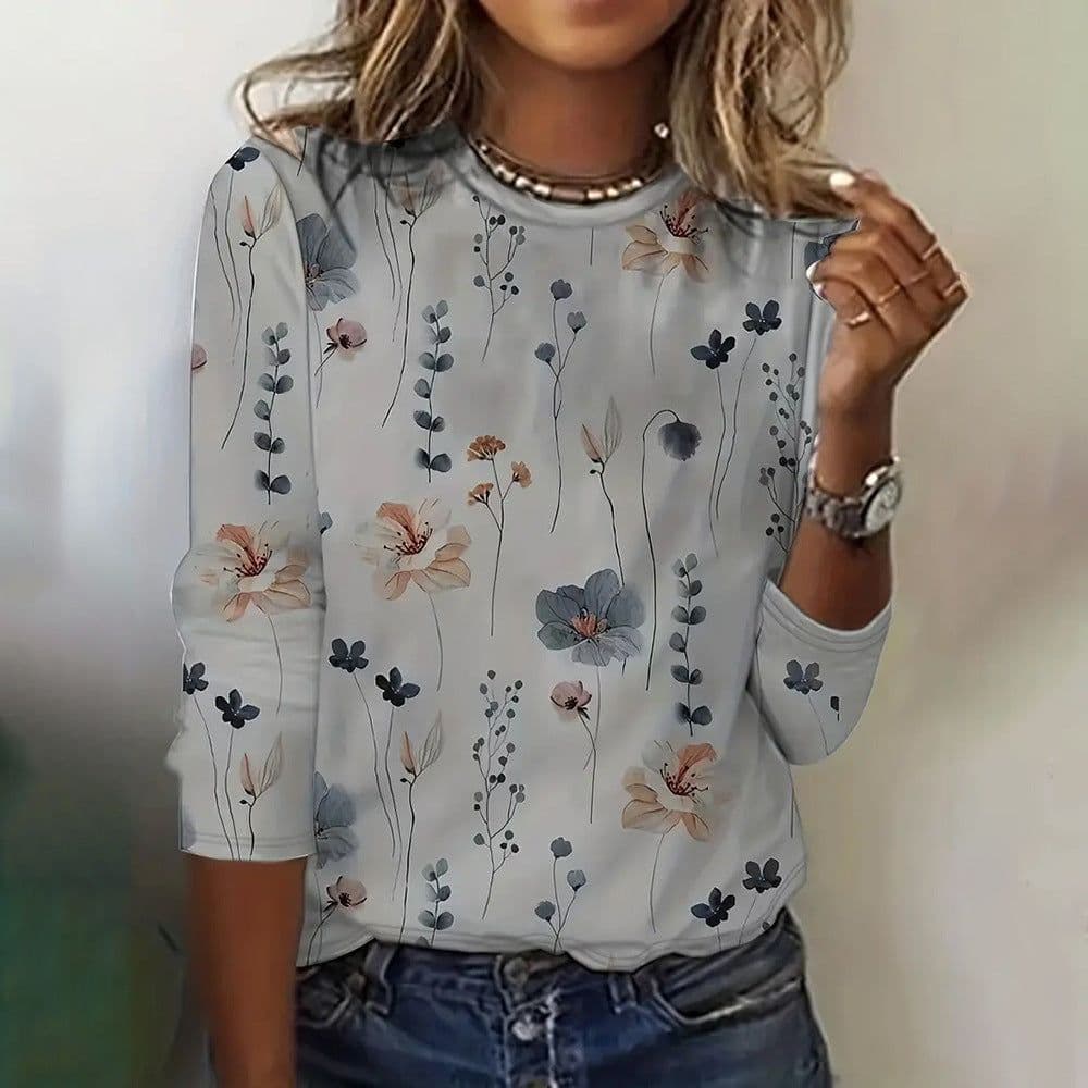 image-Juya 3D Floral Print Long-Sleeve T-Shirt - 6XL Women's Western Style
