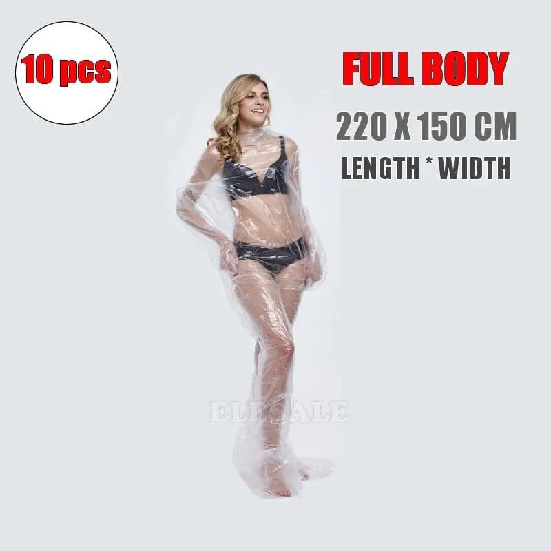 image-10Pcs/Pack Disposable Sauna Sweat Coverall Clear Waterproof PE Plastic Body Suit Weight Loss Sauna Wholesale For Beauty Salon