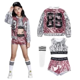 image-LOlanta 4-14 Years Girls Pink Sequin Crop Tops Shorts Jacket Dancewear Costume Hip Hop Modern Jazz Dance Stage Performance Wear