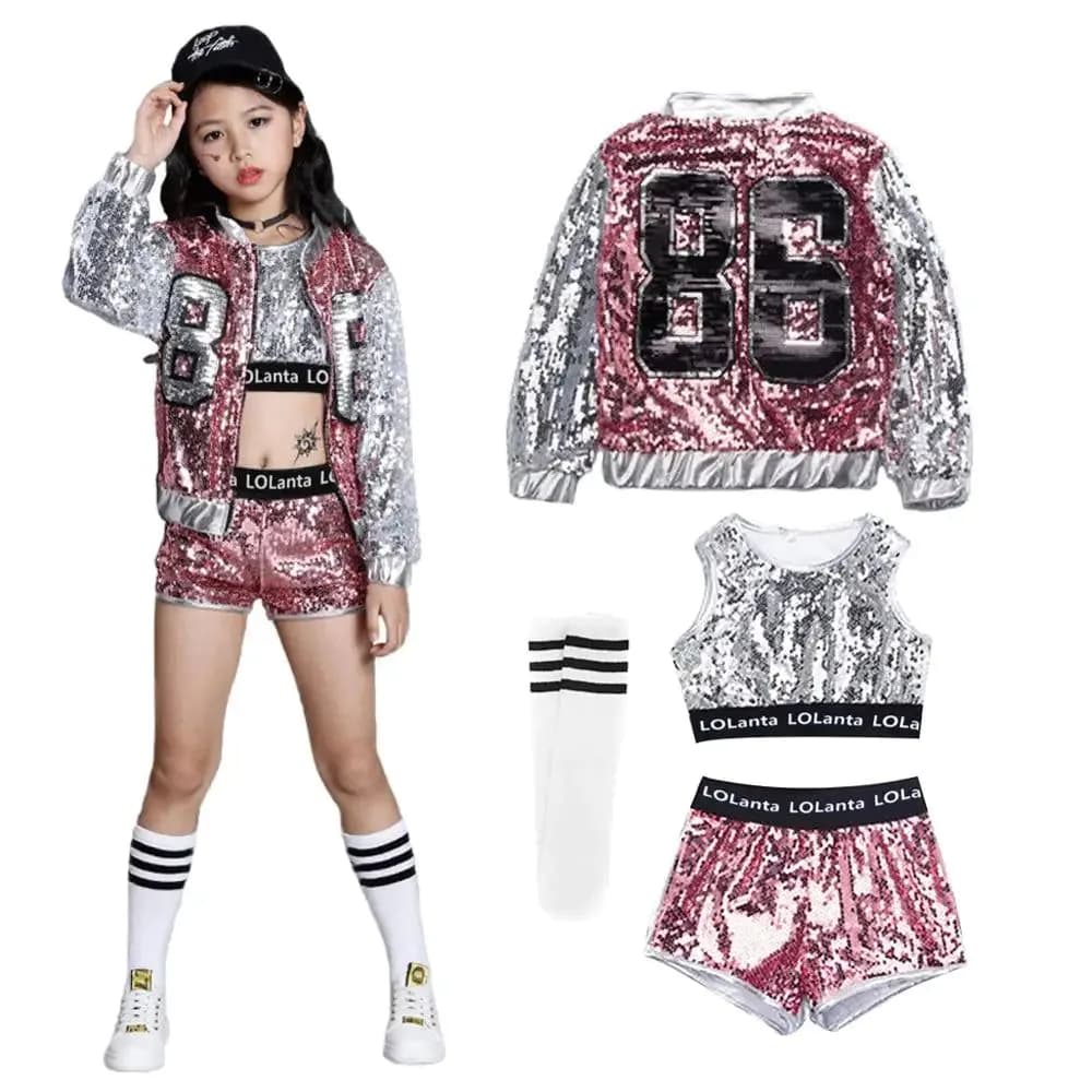 image-LOlanta 4-14 Years Girls Pink Sequin Crop Tops Shorts Jacket Dancewear Costume Hip Hop Modern Jazz Dance Stage Performance Wear