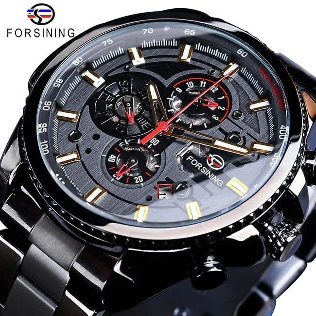 image-Forsining Three Dial Calendar Stainless Steel Men Mechanical Automatic Wrist Watches Top Brand Luxury Military Sport Male Clock
