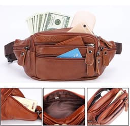 image-Fashion Men Genuine Leather Fanny Bag for Phone Pouch Male Leather Messenger Bags Brand Fanny Pack Male Travel Waist Bag Men