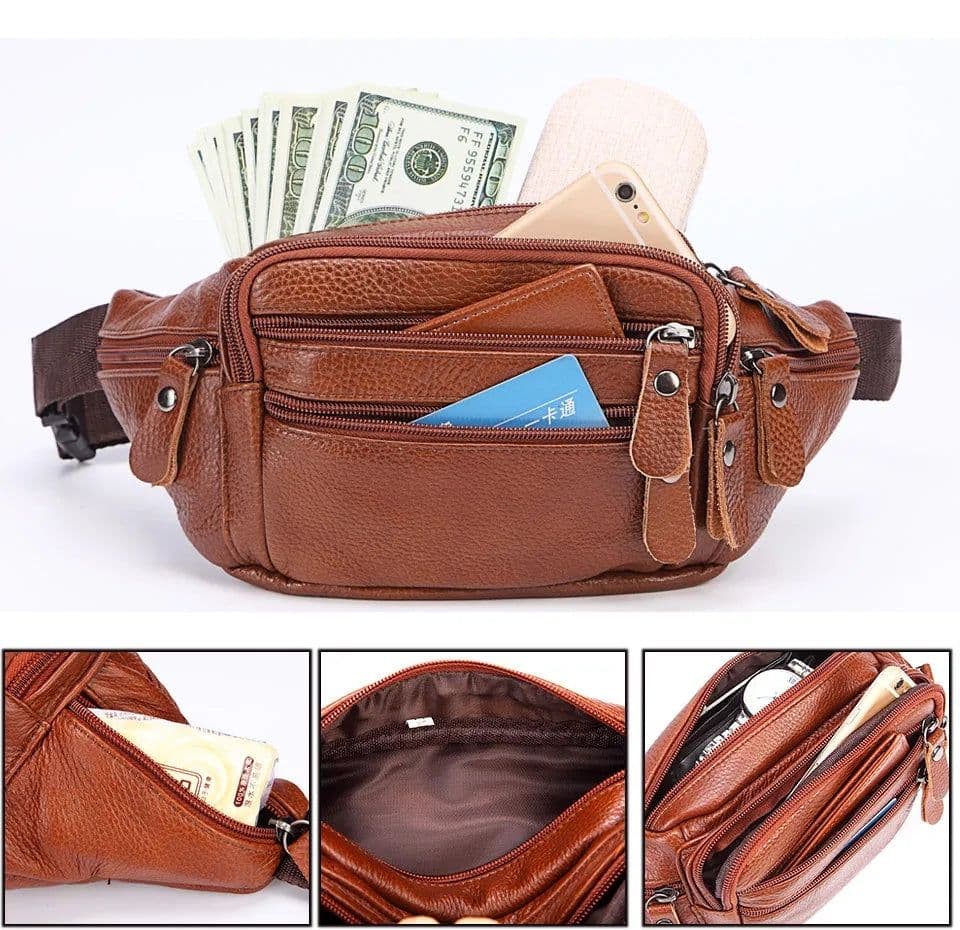 image-Fashion Men Genuine Leather Fanny Bag for Phone Pouch Male Leather Messenger Bags Brand Fanny Pack Male Travel Waist Bag Men