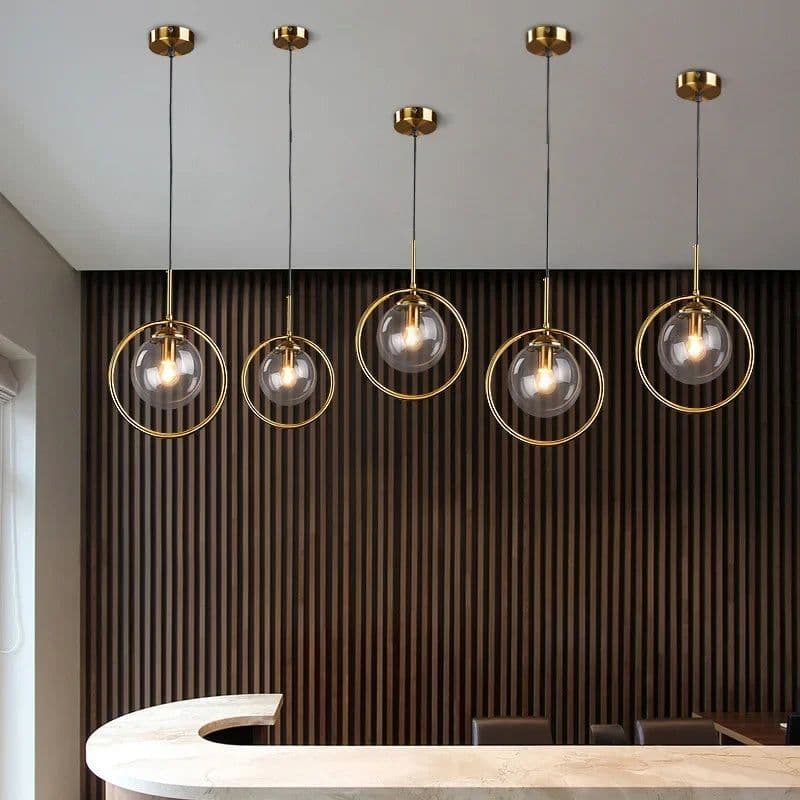 image-Modern Glass Ball Pendant Lighting Fixture Golden Ring Kitchen Dining Room Bedside Hanging Lamps Luminaire Suspension Lights