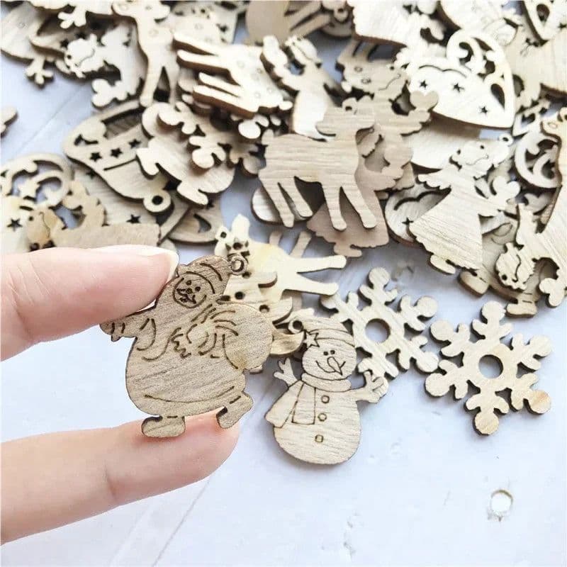 image-50Pcs DIY Natural Wooden Chip Santa Claus Christmas Tree Hanging Ornaments Pendant Kids Gifts Snowman Tree Shape Xmas Decoration