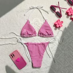 image-Red Plaid String Halter thong Micro Bikini for Women Mini Swimwear Lace-up Sexy Swimsuit Bathing Suit Triangle Bikinis Sets 2025