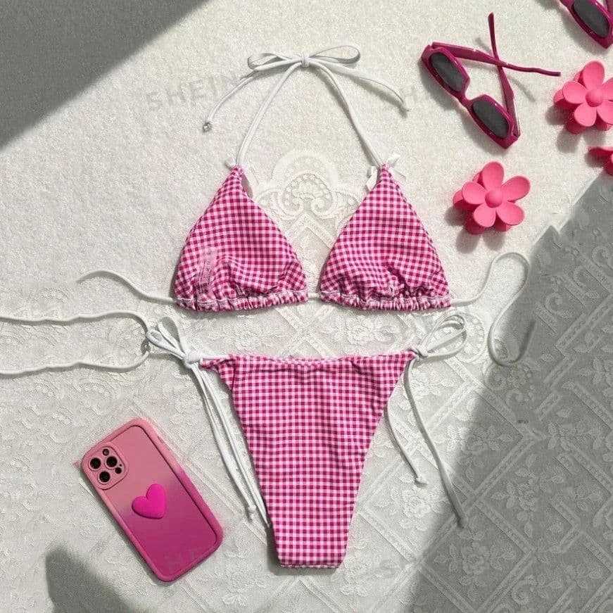 image-Red Plaid String Halter thong Micro Bikini for Women Mini Swimwear Lace-up Sexy Swimsuit Bathing Suit Triangle Bikinis Sets 2025
