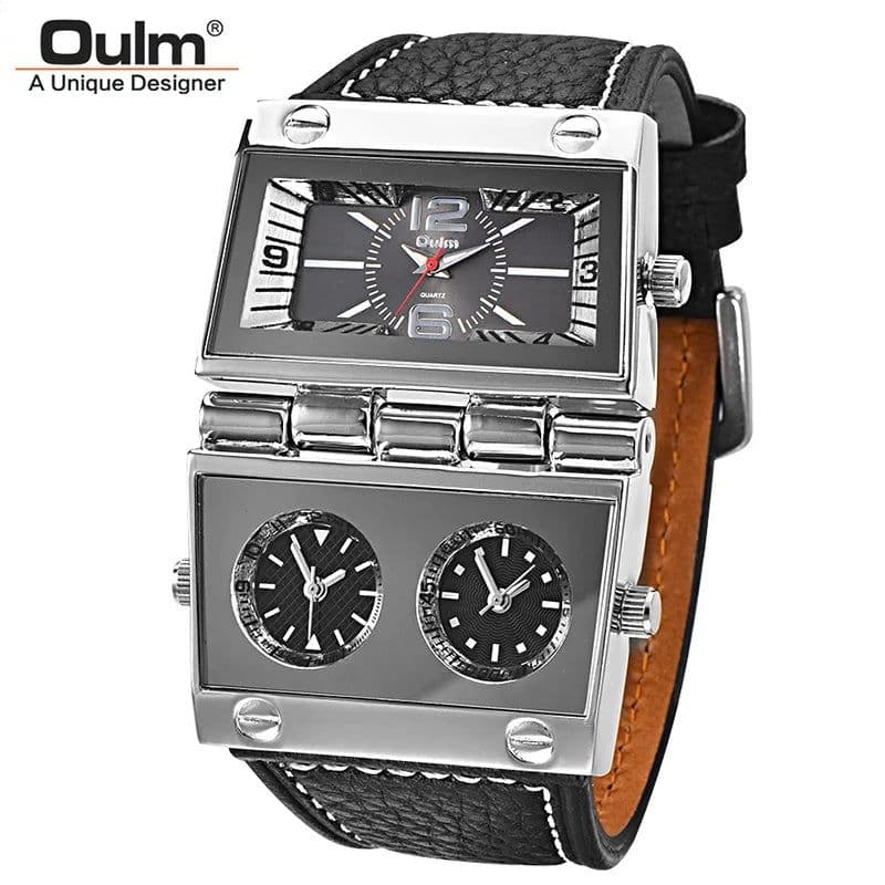 image-New Men Dual Display Sports Watches Oulm Men Watch Fold Big Size Fashion Outdoor Clock Leather Quartz Watch Relogio Masculino