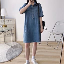 image-Women's Vintage Polo Neck Knee Length Denim Dress, Korean Cargo Baggy, Straight Half Sleeve Pocket Shirts, Jeans Dresses, Summer