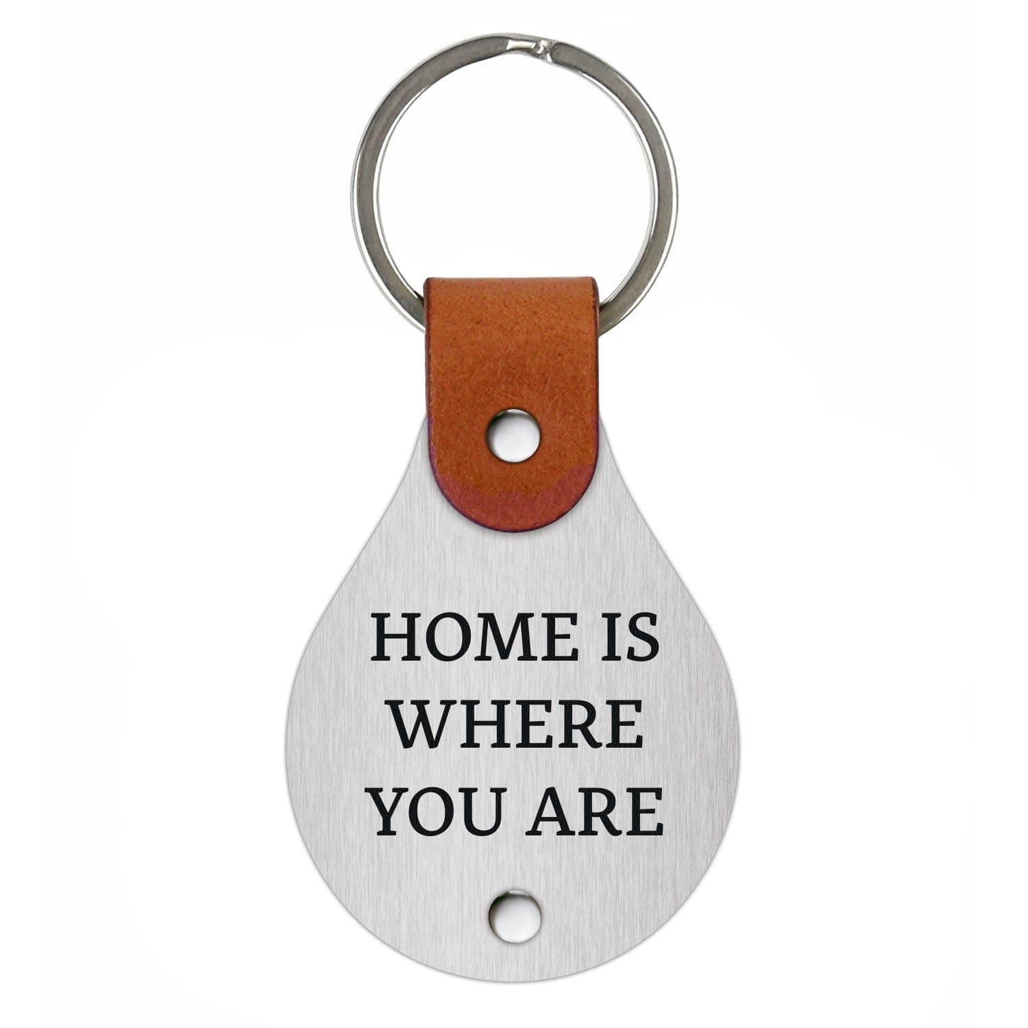 image-Leather keychain with stainless steel plate – Home is where you are
