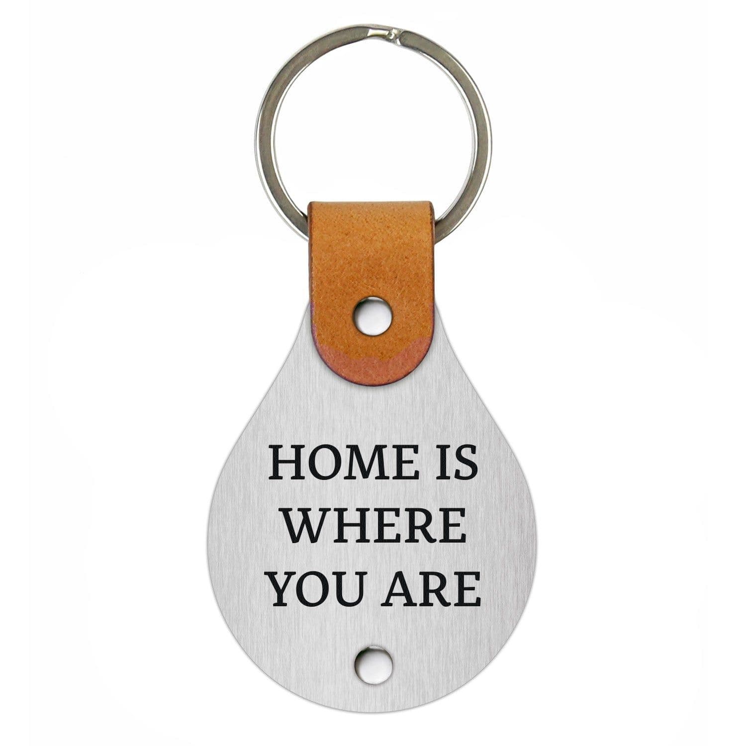 image-Leather keychain with stainless steel plate – Home is where you are