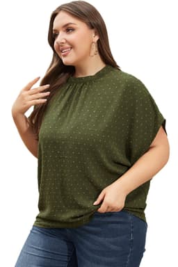 image-Moss Green Plus Size Swiss Dot Mock Neck Tied Nape Top