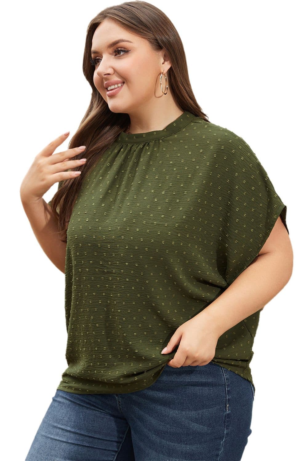 image-Moss Green Plus Size Swiss Dot Mock Neck Tied Nape Top