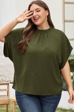 image-Moss Green Plus Size Swiss Dot Mock Neck Tied Nape Top