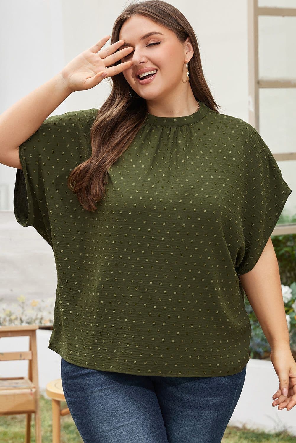 image-Moss Green Plus Size Swiss Dot Mock Neck Tied Nape Top
