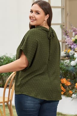 image-Moss Green Plus Size Swiss Dot Mock Neck Tied Nape Top