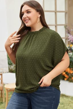 image-Moss Green Plus Size Swiss Dot Mock Neck Tied Nape Top