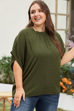 image-Moss Green Plus Size Swiss Dot Mock Neck Tied Nape Top