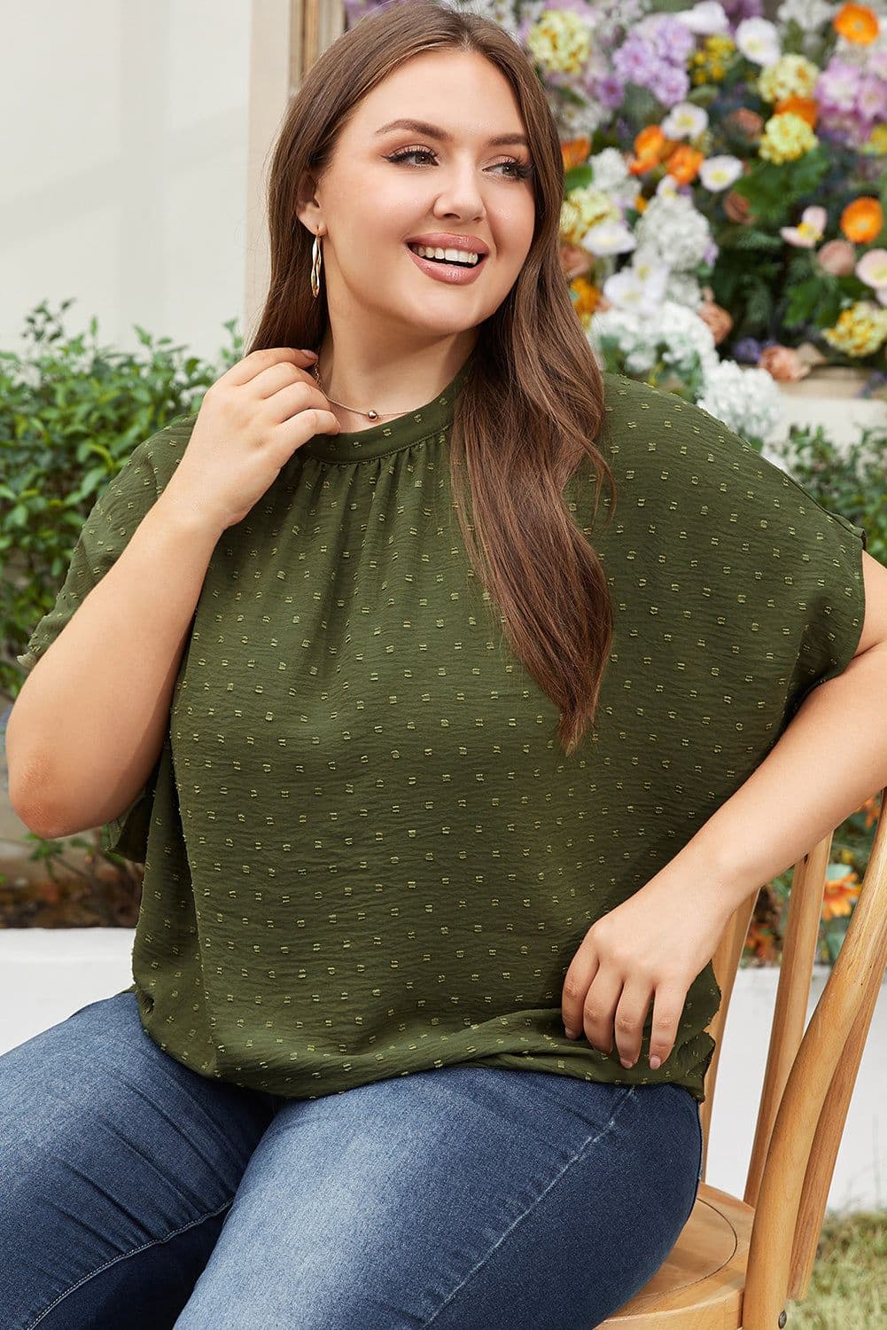 image-Moss Green Plus Size Swiss Dot Mock Neck Tied Nape Top