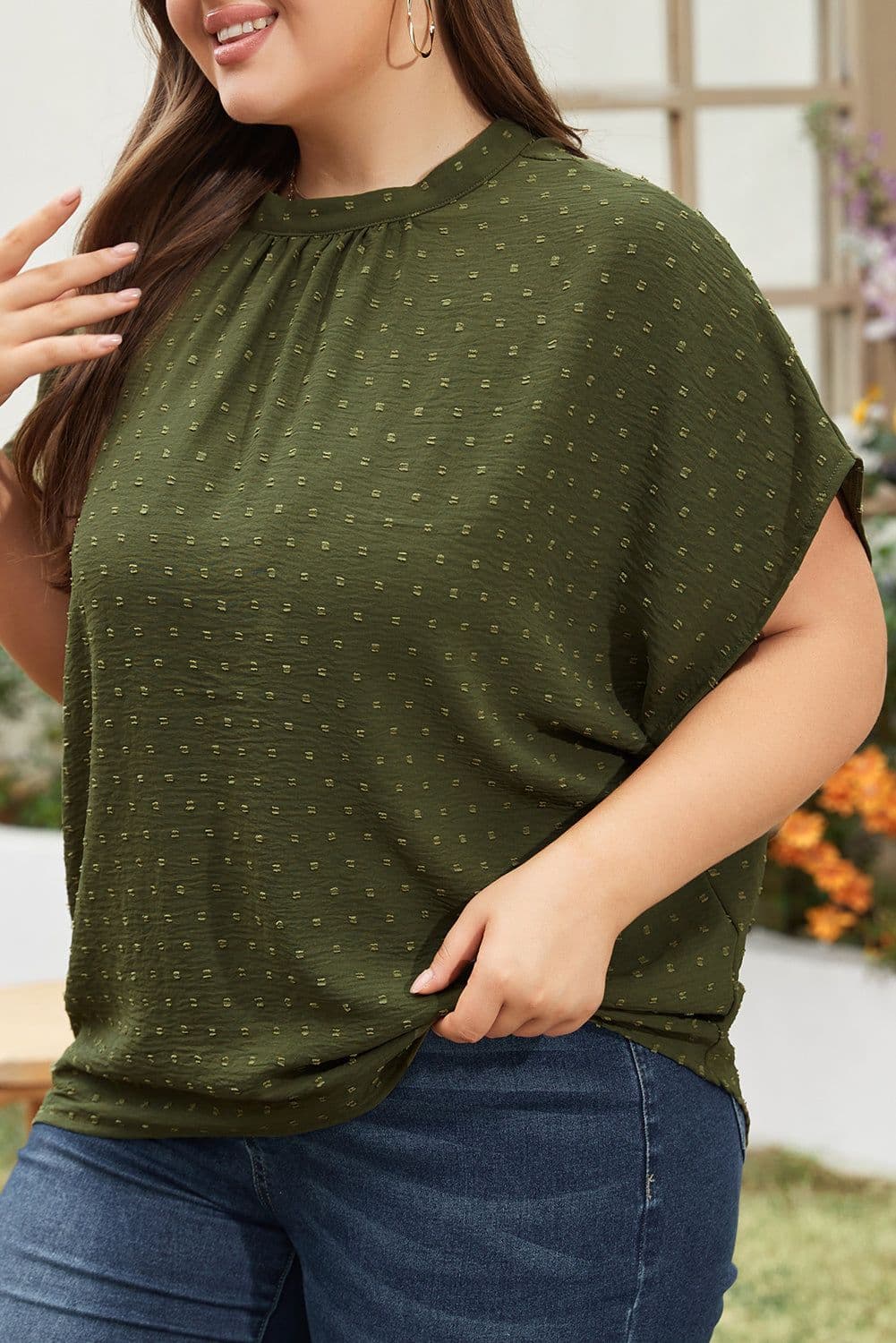 image-Moss Green Plus Size Swiss Dot Mock Neck Tied Nape Top