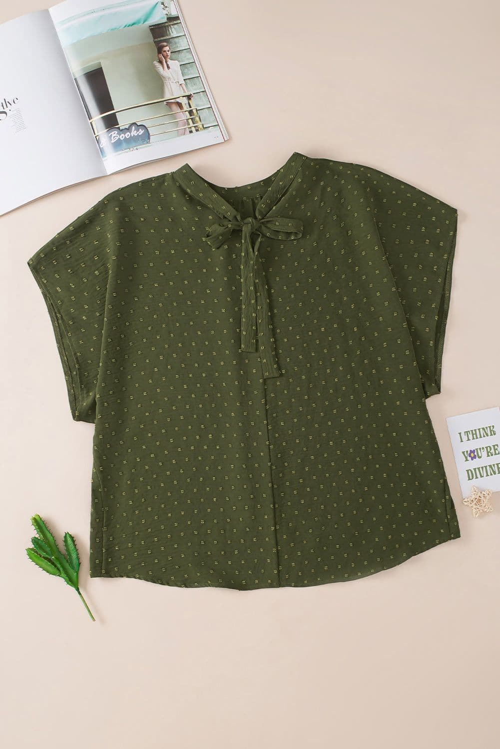 image-Moss Green Plus Size Swiss Dot Mock Neck Tied Nape Top