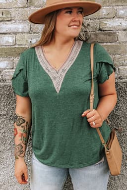 image-Blackish Green Plus Size Embroidery V Neck Draped Sleeve Blouse