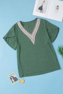 image-Blackish Green Plus Size Embroidery V Neck Draped Sleeve Blouse