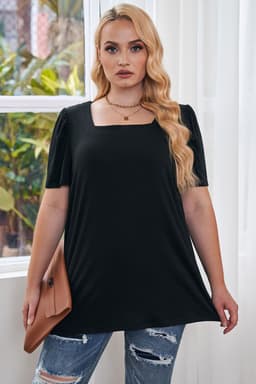 image-Black Plus Size Square Neck Ruched Shoulder Short Sleeve Top