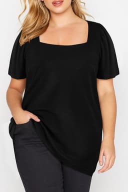 image-Black Plus Size Square Neck Ruched Shoulder Short Sleeve Top
