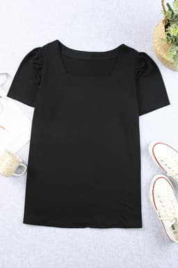 image-Black Plus Size Square Neck Ruched Shoulder Short Sleeve Top