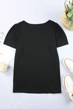 image-Black Plus Size Square Neck Ruched Shoulder Short Sleeve Top