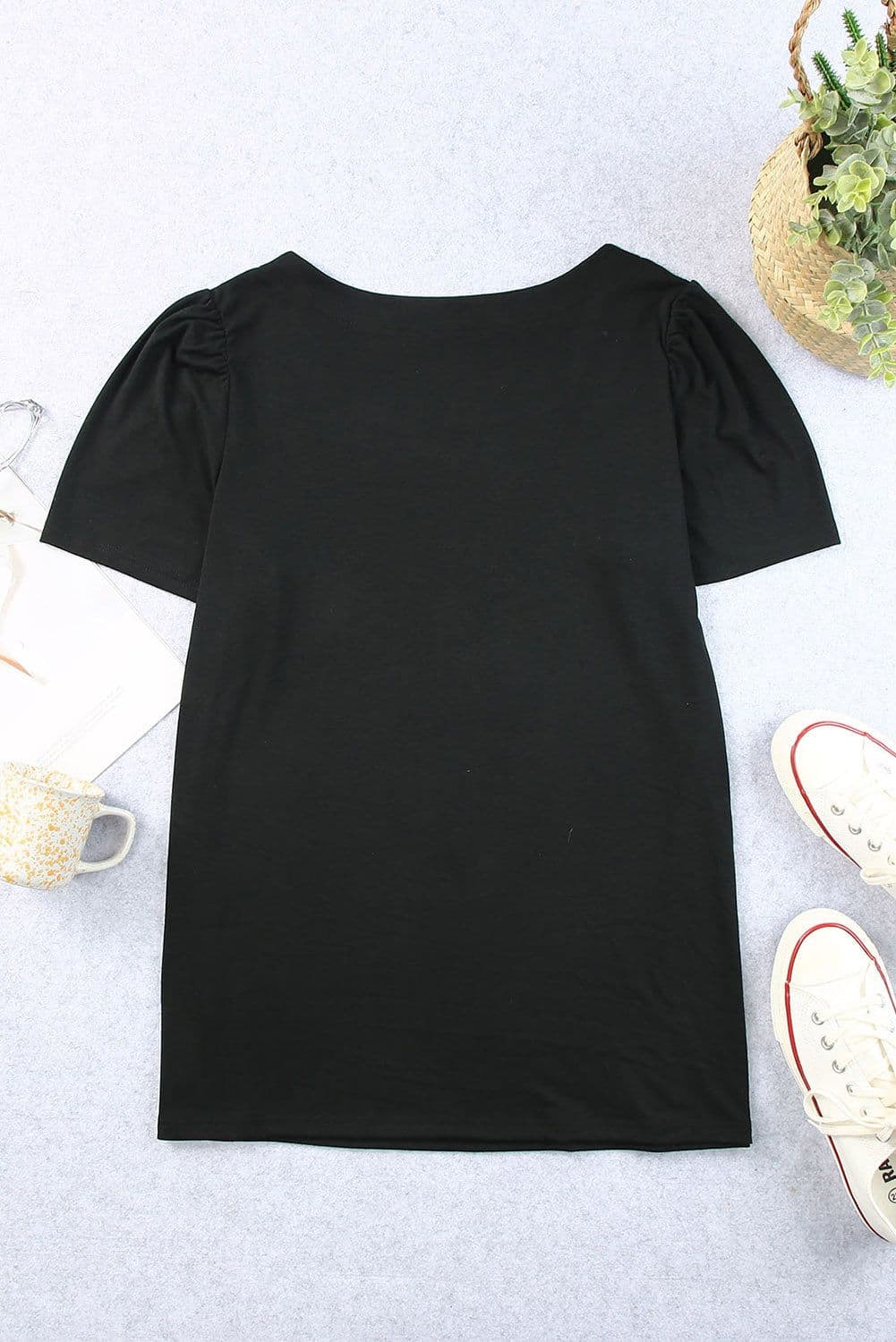 image-Black Plus Size Square Neck Ruched Shoulder Short Sleeve Top
