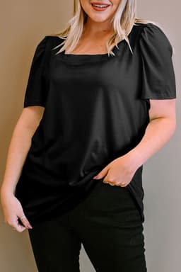 image-Black Plus Size Square Neck Ruched Shoulder Short Sleeve Top