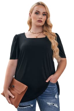 image-Black Plus Size Square Neck Ruched Shoulder Short Sleeve Top
