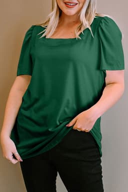 image-Black Plus Size Square Neck Ruched Shoulder Short Sleeve Top