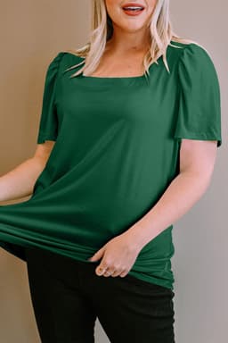 image-Black Plus Size Square Neck Ruched Shoulder Short Sleeve Top