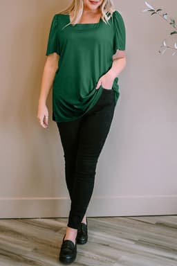 image-Black Plus Size Square Neck Ruched Shoulder Short Sleeve Top