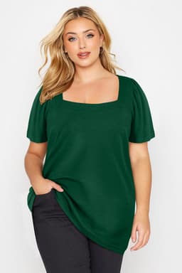 image-Black Plus Size Square Neck Ruched Shoulder Short Sleeve Top