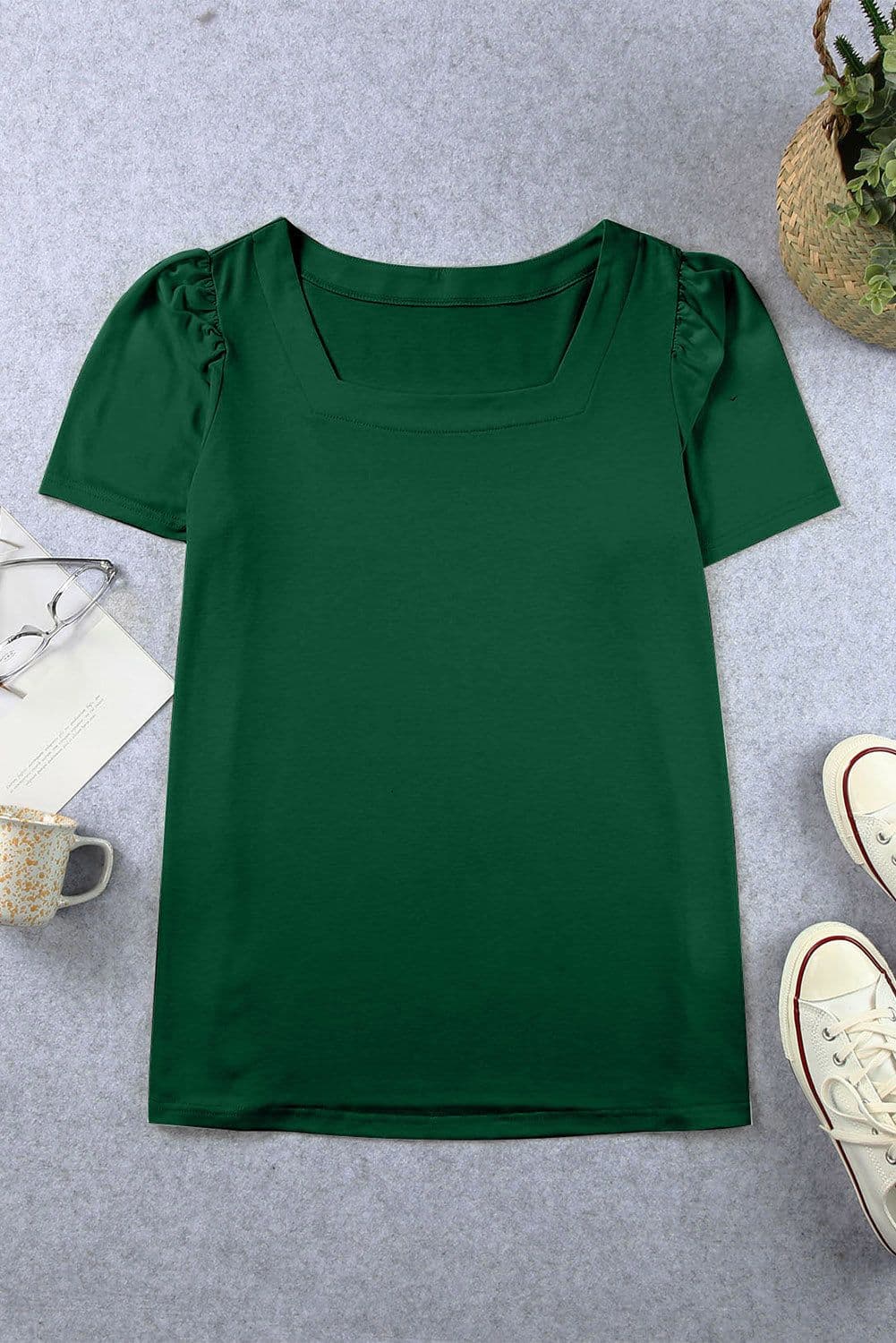 image-Black Plus Size Square Neck Ruched Shoulder Short Sleeve Top