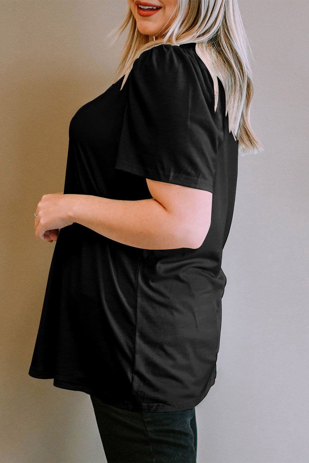 image-Black Plus Size Square Neck Ruched Shoulder Short Sleeve Top