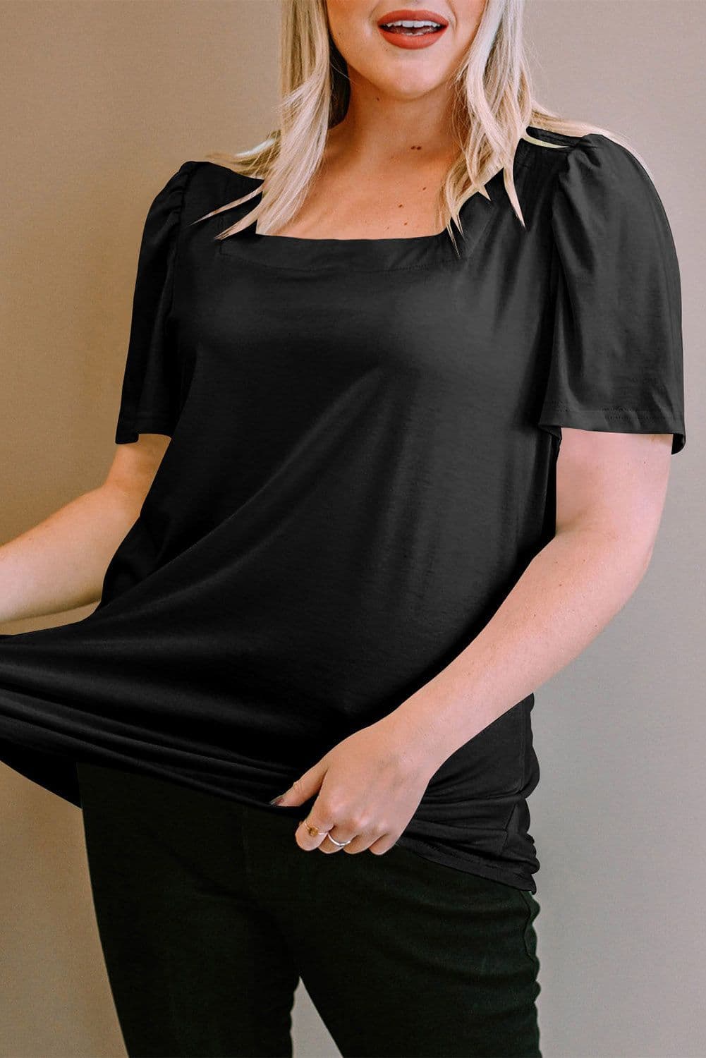 image-Black Plus Size Square Neck Ruched Shoulder Short Sleeve Top
