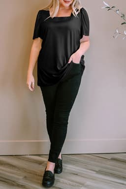 image-Black Plus Size Square Neck Ruched Shoulder Short Sleeve Top