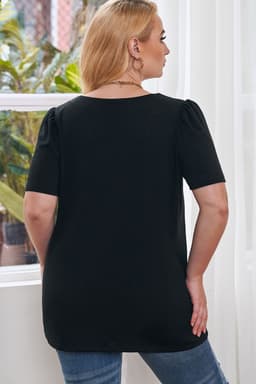 image-Black Plus Size Square Neck Ruched Shoulder Short Sleeve Top
