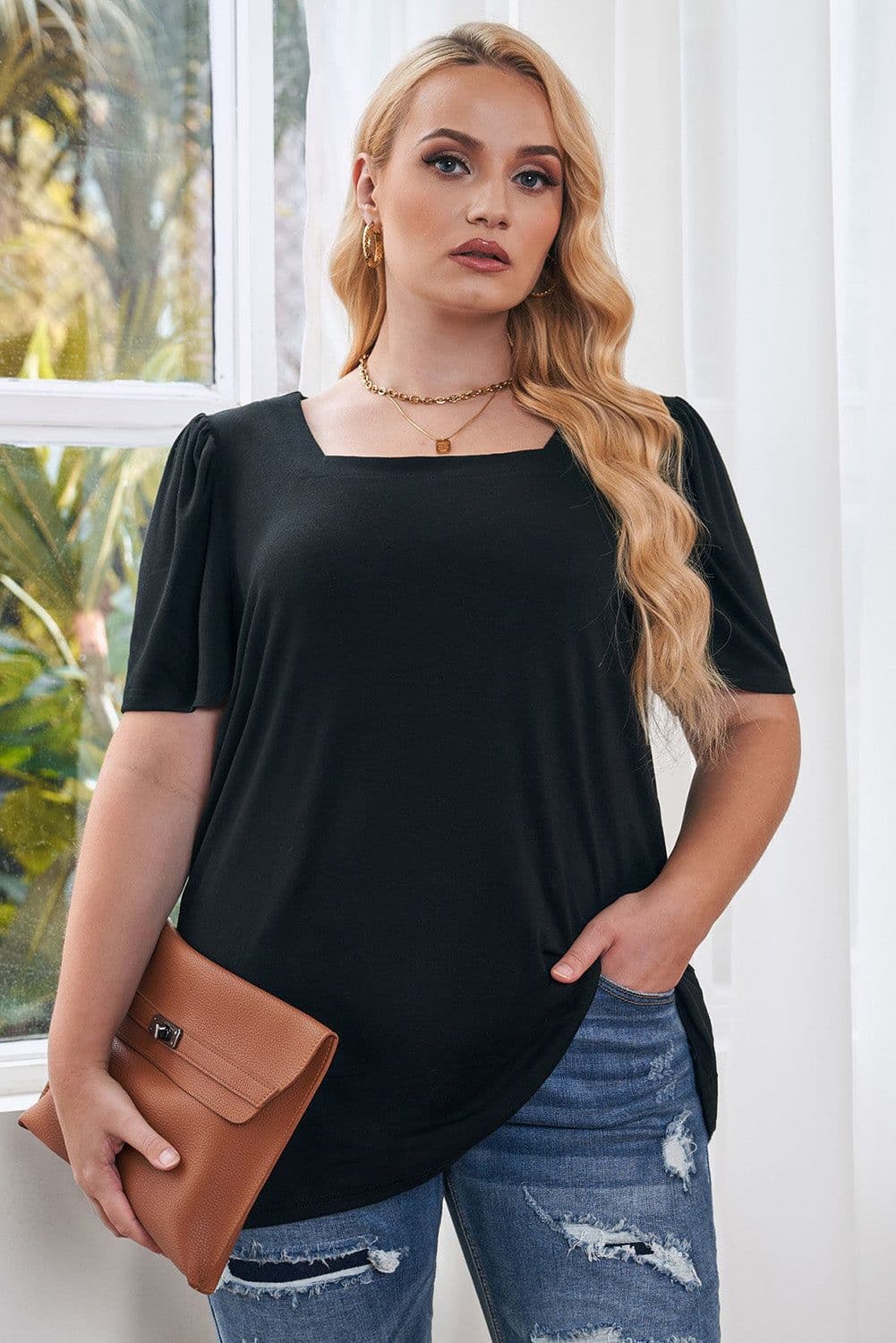 image-Black Plus Size Square Neck Ruched Shoulder Short Sleeve Top