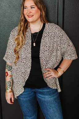 image-Khaki Plus Size Leopard Print Half Sleeve Open Front Cardigan