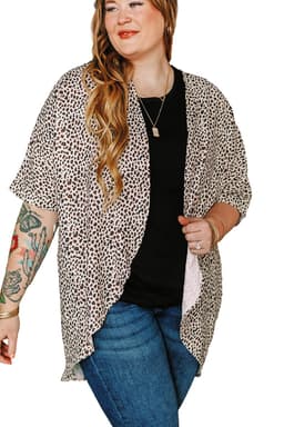 image-Khaki Plus Size Leopard Print Half Sleeve Open Front Cardigan