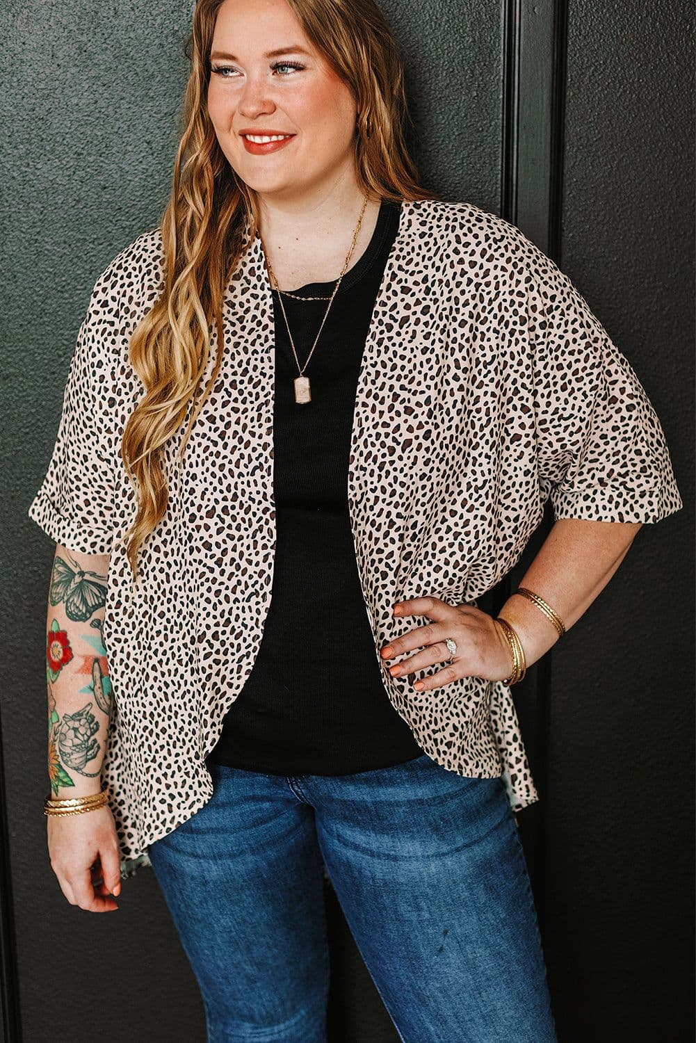 image-Khaki Plus Size Leopard Print Half Sleeve Open Front Cardigan