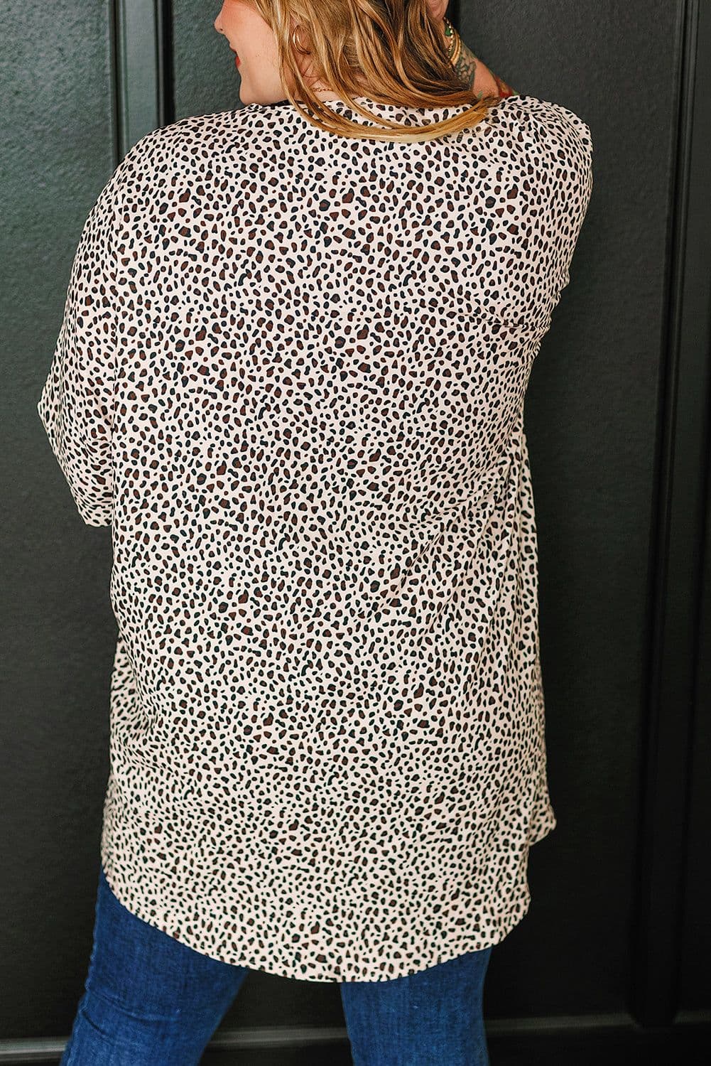 image-Khaki Plus Size Leopard Print Half Sleeve Open Front Cardigan