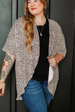 image-Khaki Plus Size Leopard Print Half Sleeve Open Front Cardigan