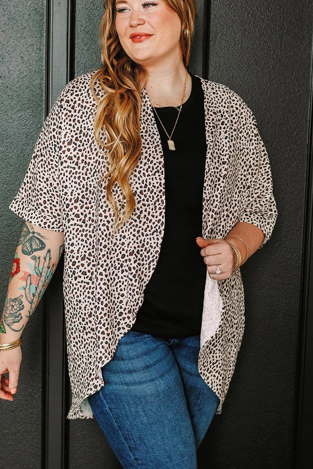 image-Khaki Plus Size Leopard Print Half Sleeve Open Front Cardigan